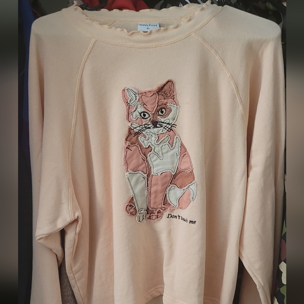 "Don’t Touch Me” cat appliqué crewneck